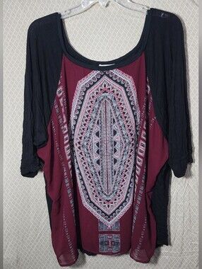 Halo Boho 3/4 Sleeve Burgundy Black Tunic Top Women's 3XL used Great Shape